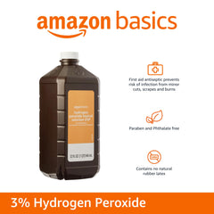 Six-pack packaging of Amazon Basics Hydrogen Peroxide indicating value and storage convenience