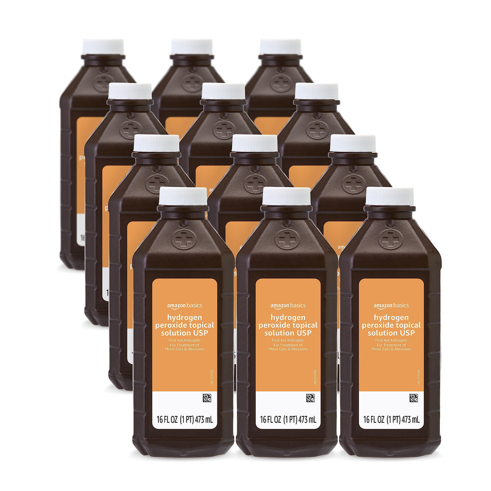 Amazon Basics hydrogen peroxide bottle front view for first aid needs.