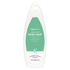 Amazon Basics hypoallergenic body wash bottle in use for gentle cleansing