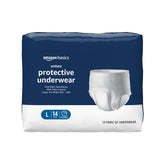 Amazon Basics incontinence underwear package shows discreet overnight design.