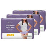 Amazon Basics Incontinence Underwear for Women packaging shown for easy shopping and three-pack convenience.