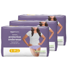 Amazon Basics Incontinence Underwear for Women packaging shown for easy shopping and three-pack convenience.