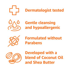 Amazon Basics ingredients card highlights coconut oil and shea butter for moisture