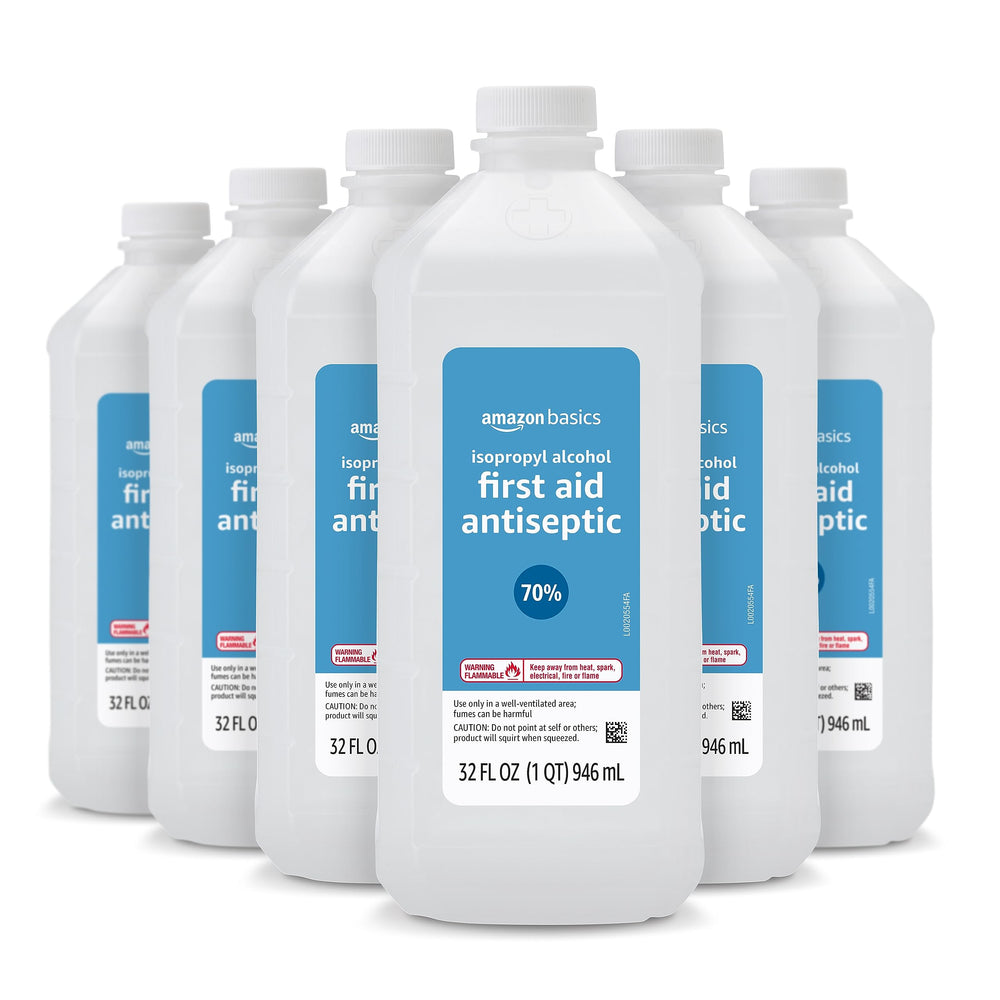 Amazon Basics 70% isopropyl alcohol bottle-pack shown for home first aid use