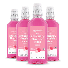 Amazon Basics Kids Mouthwash bubble gum flavor makes daily rinsing enjoyable for kids.