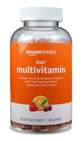 Amazon Basics Kids' Multivitamin Gummies bottle front with colorful chews for daily vitamin intake.