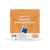 Amazon Basics laundry pacs packaging shows brand and bulk-buy convenience.