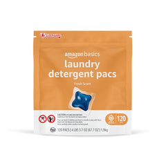 Amazon Basics laundry pacs packaging shows brand and bulk-buy convenience.