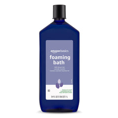Amazon Basics Lavender Scented Foaming Bath bottle promotes relaxation with a soothing lavender aroma.