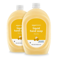 Amazon Basics liquid hand soap refill Milk and Honey two-pack for convenient home restocking.