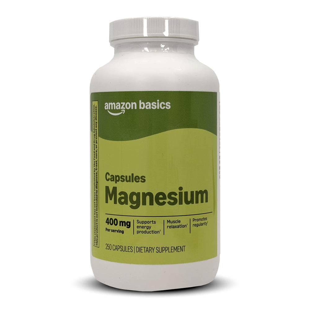 Amazon Basics magnesium oxide capsules bottle front, highlighting 400 mg strength for daily energy support