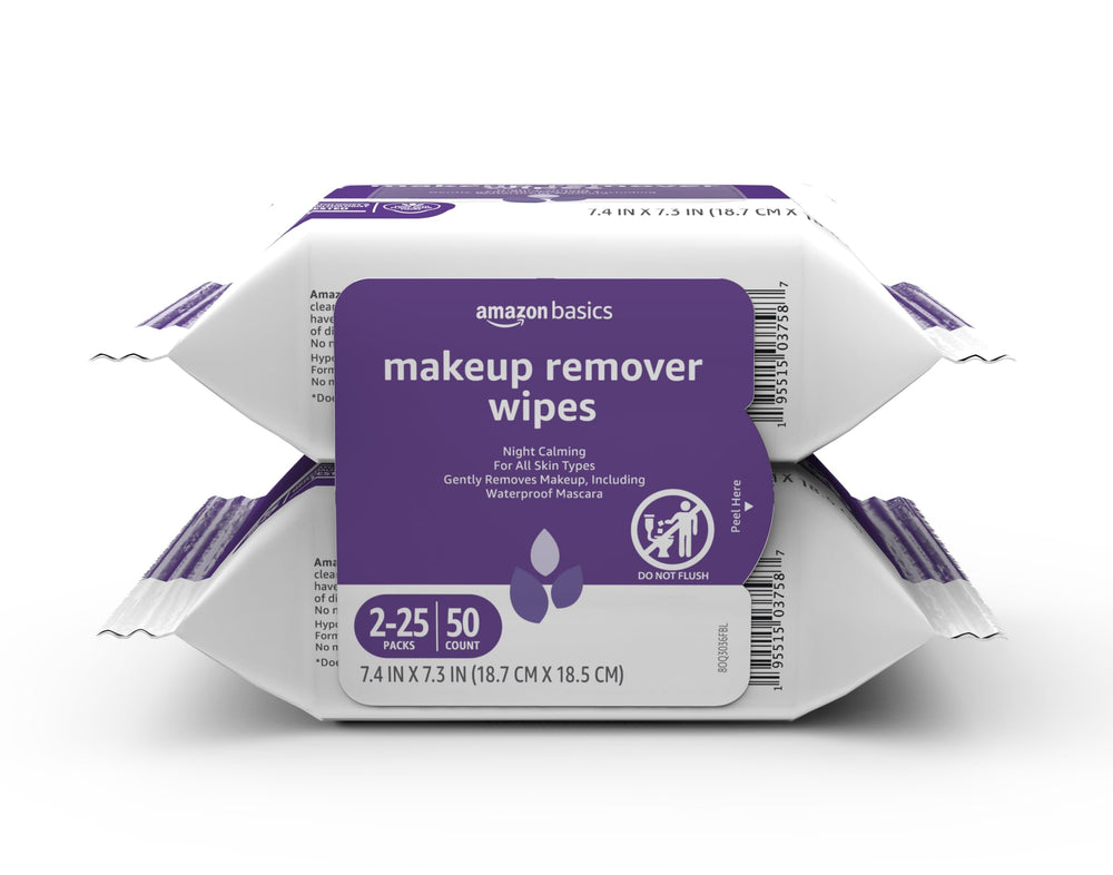 Amazon Basics makeup remover wipes pack front view for gentle cleansing.