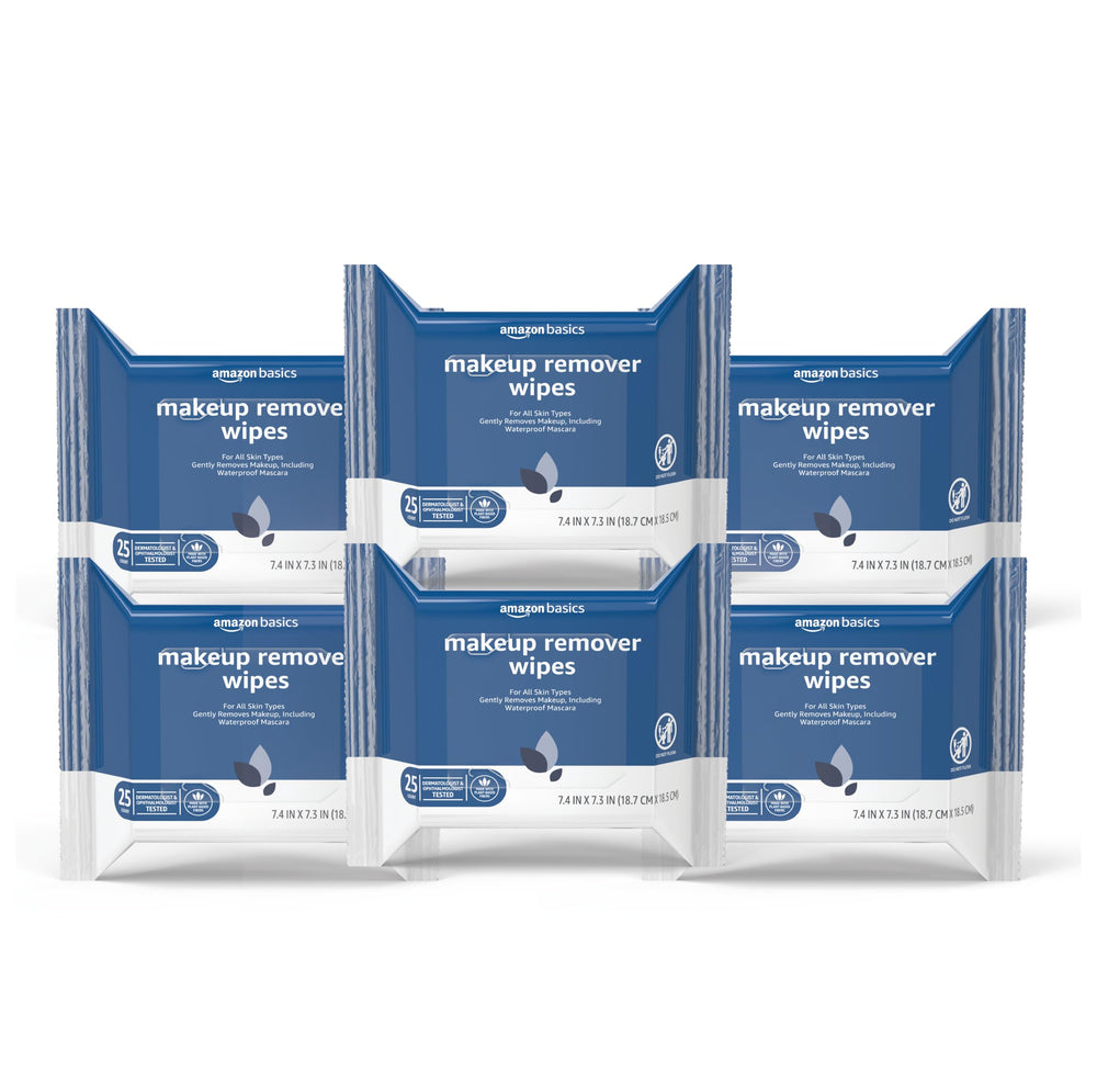 Amazon Basics Makeup Remover Wipes six-pack display with resealable packs for easy daily cleansing