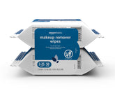 Amazon Basics makeup remover wipes two-pack close-up showing soft towelettes for gentle cleansing.