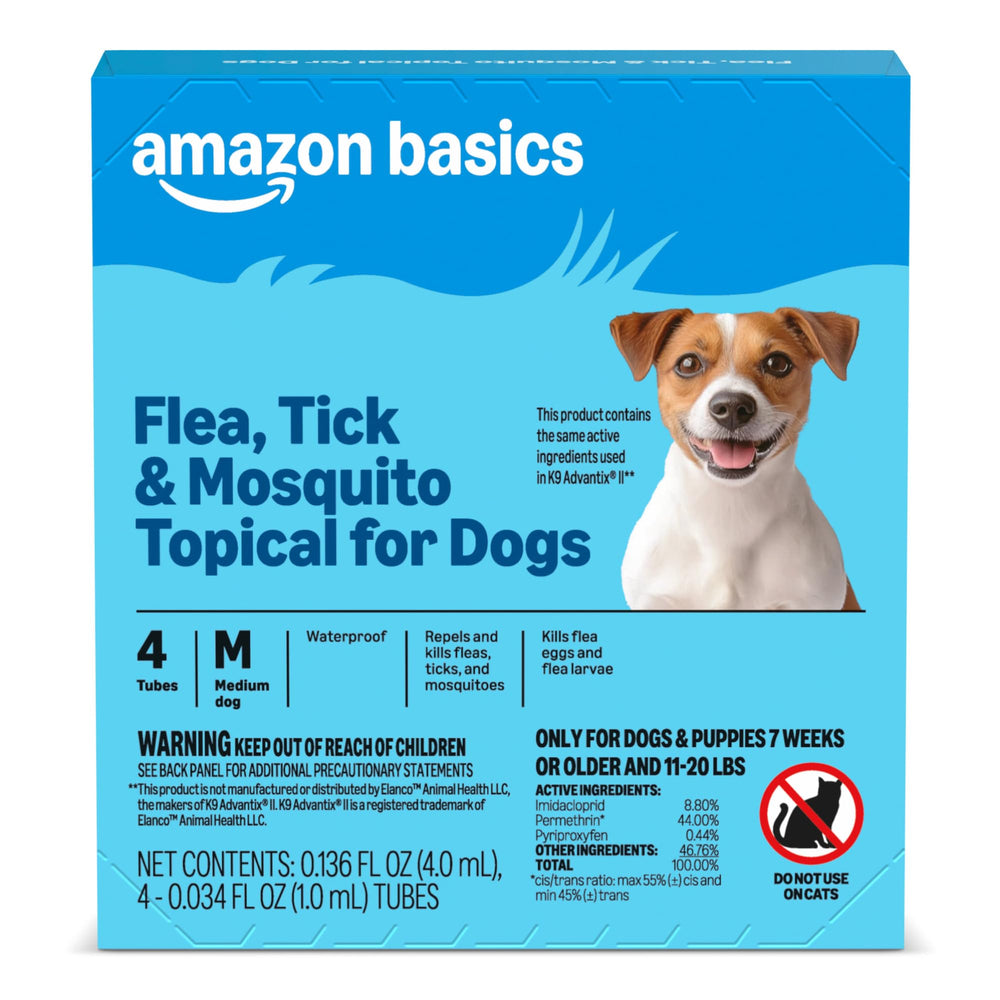 Amazon Basics medium dog topical 4-dose pack for flea and tick protection.