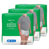Amazon Basics men's incontinence underwear XXL packaging shows a 42-count three-pack.