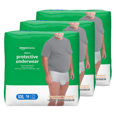 Amazon Basics men's incontinence underwear XXL packaging shows a 42-count three-pack.