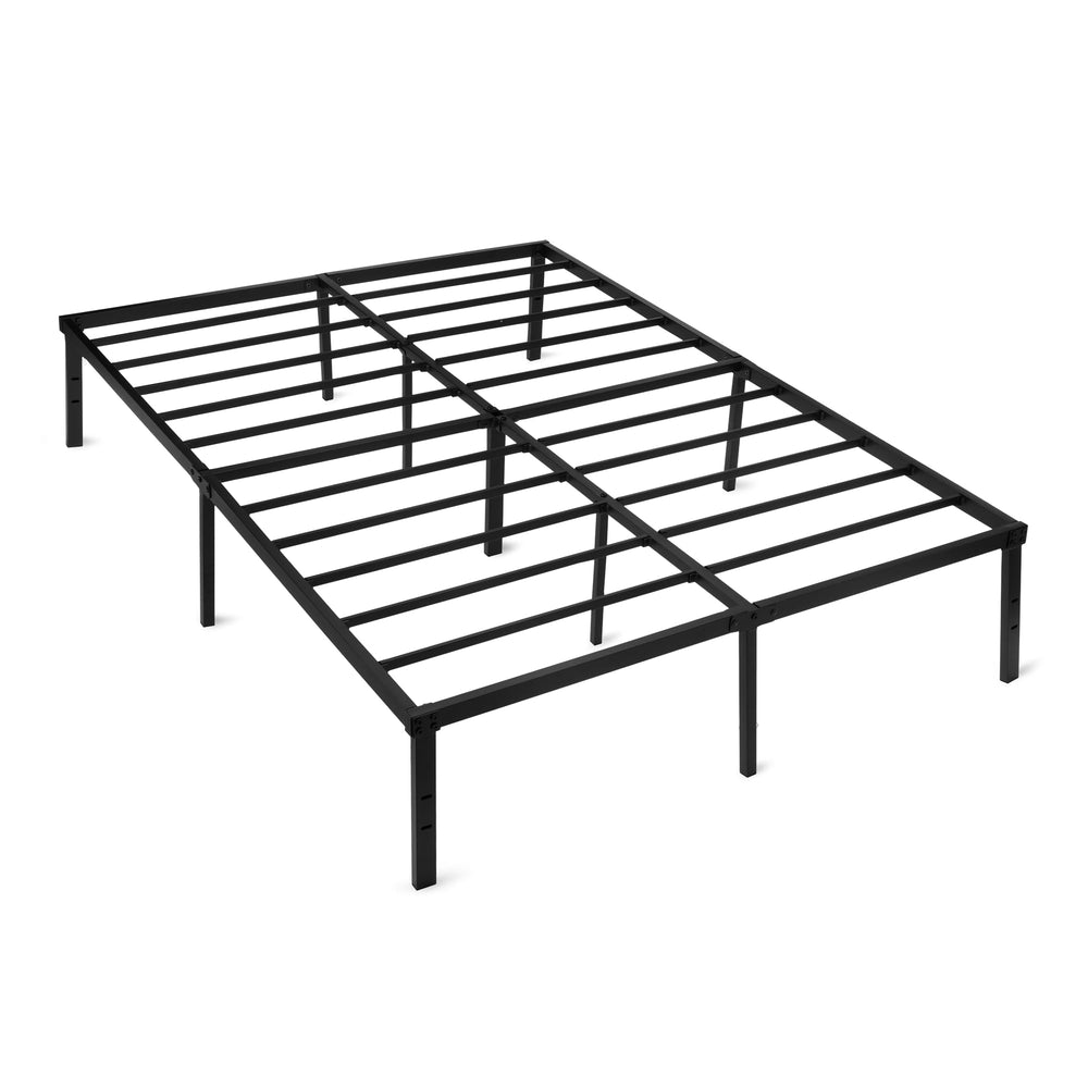 Amazon Basics metal bed frame full side view showcasing sturdy support.