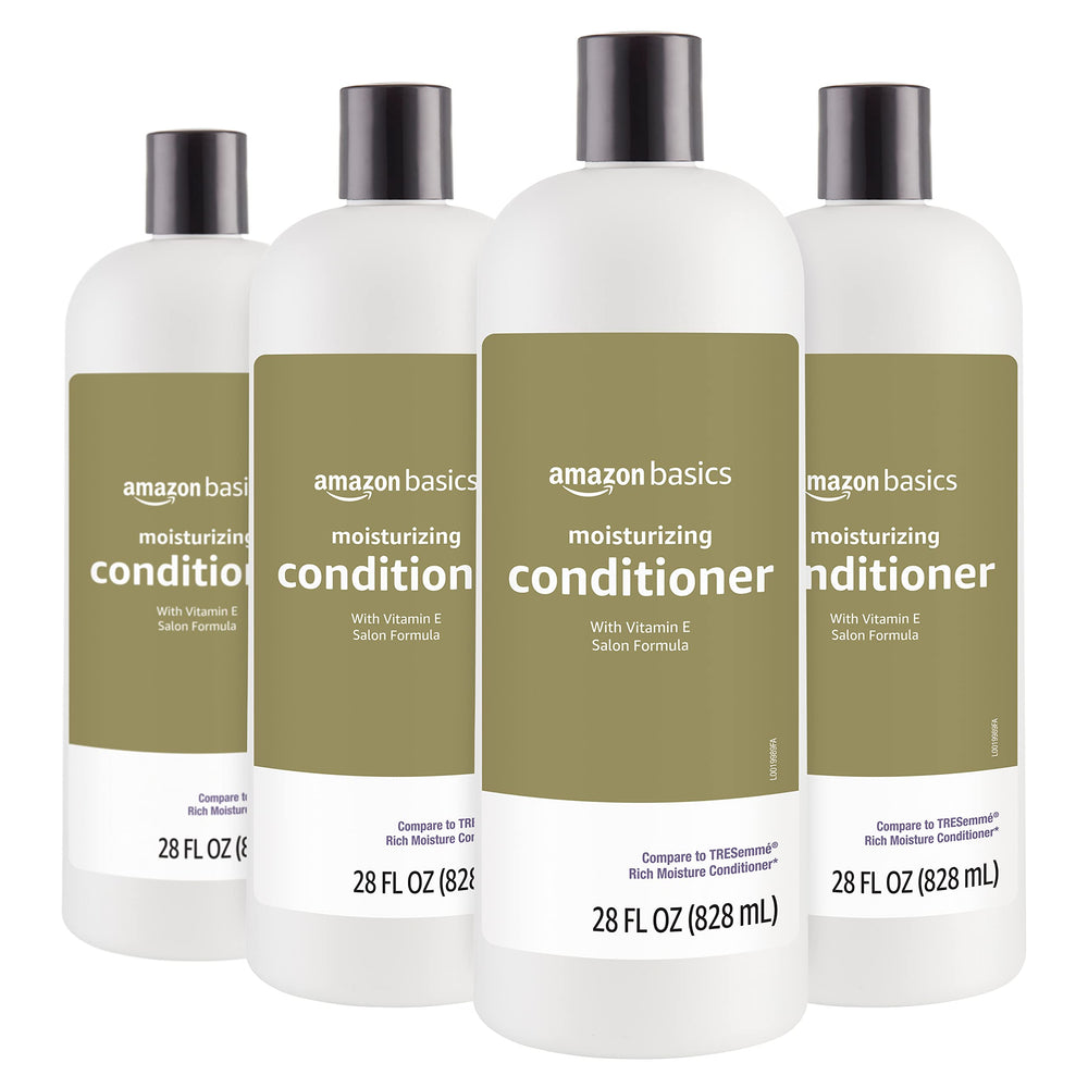 Amazon Basics Moisture Rich Conditioner bottle front highlights vitamin E for nourished hair