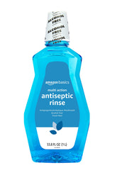 Amazon Basics multi action antiseptic rinse bottle shows 1L size for daily oral care.