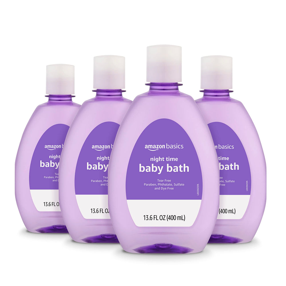 Amazon Basics Nighttime Bath bottle pour highlights gentle tear-free formula for calming bedtime routines.