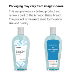 Amazon Basics Original Clean Astringent label highlighting a paraben-free formula.