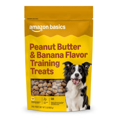 Amazon Basics peanut butter banana training treats bag front shows bite-sized rewards for training