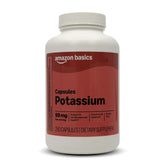 Amazon Basics Potassium heart health caplets bottle showing label for daily hydration support.
