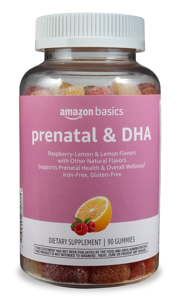 Amazon Basics Prenatal DHA gummy bottle with raspberry lemon flavor for pregnancy support