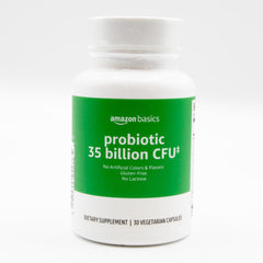 Amazon Basics probiotic 35Billion CFU bottle supports healthy digestion daily.