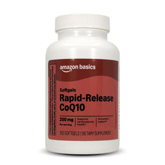 Amazon Basics Rapid Release CoQ10 softgels bottle front highlighting cardiovascular support