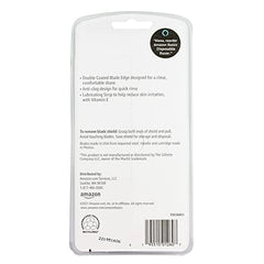 Amazon Basics razor lubricating strip with vitamin E visible for irritation reduction.