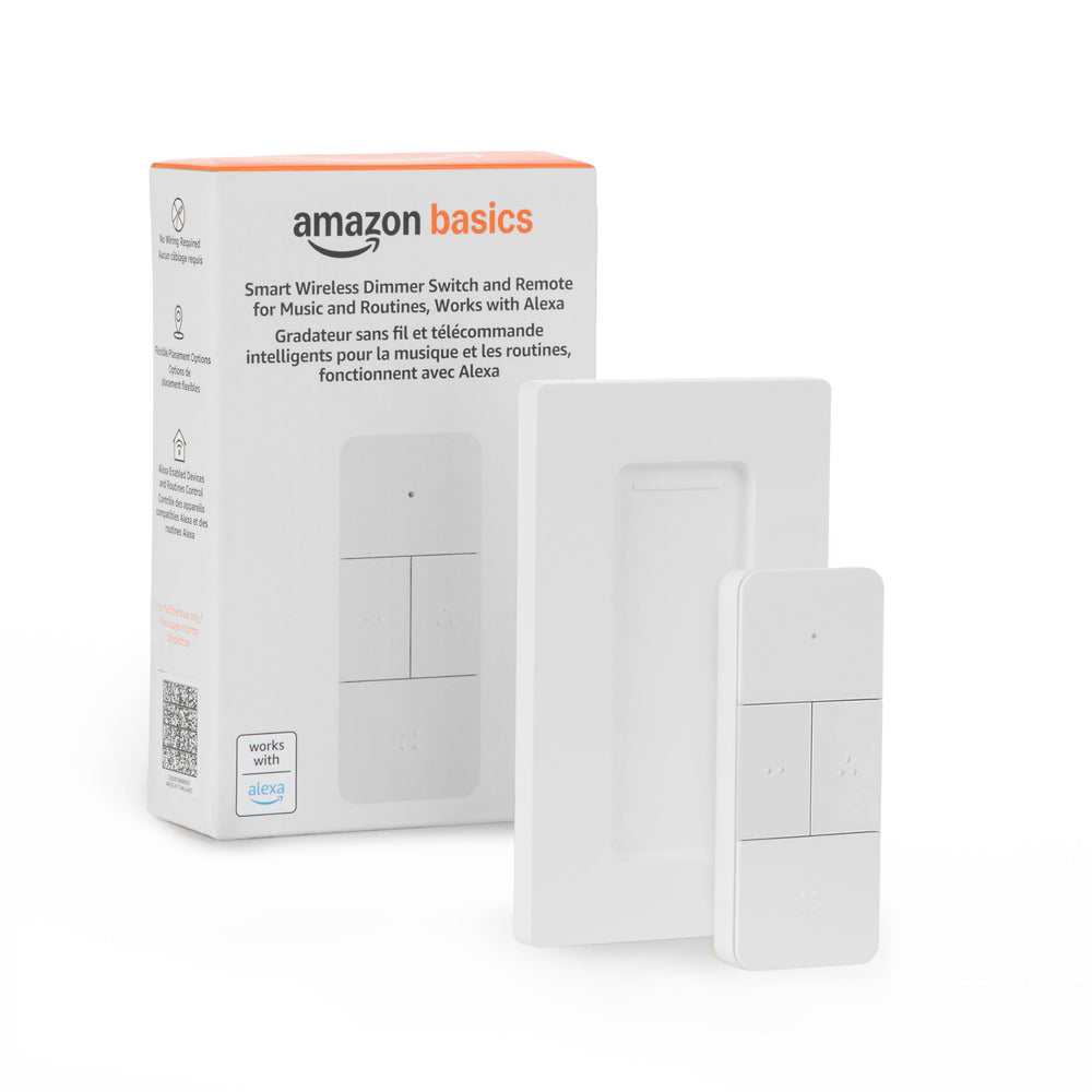 Amazon Basics smart dimmer switch and remote during setup with Alexa for easy installation.