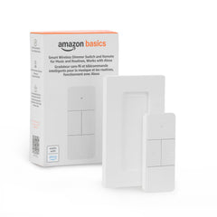 Amazon Basics smart dimmer switch and remote during setup with Alexa for easy installation.