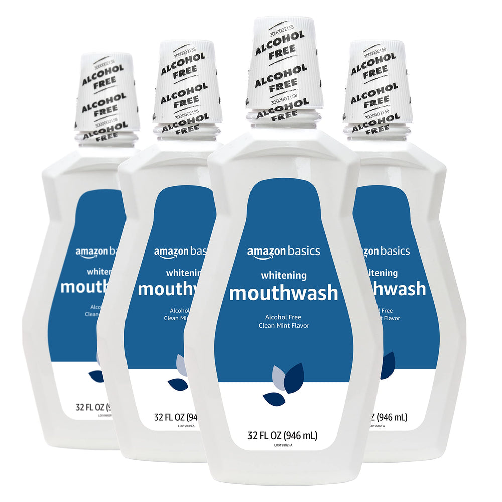 Amazon Basics Teeth Whitening Mouthwash bottle demonstrates an alcohol-free formula for fresh breath.