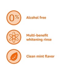 Amazon Basics Teeth Whitening Mouthwash closeup highlights stain removal and brightness.