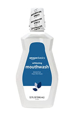 Amazon Basics Teeth Whitening Mouthwash packaging shows four bottles for daily use.