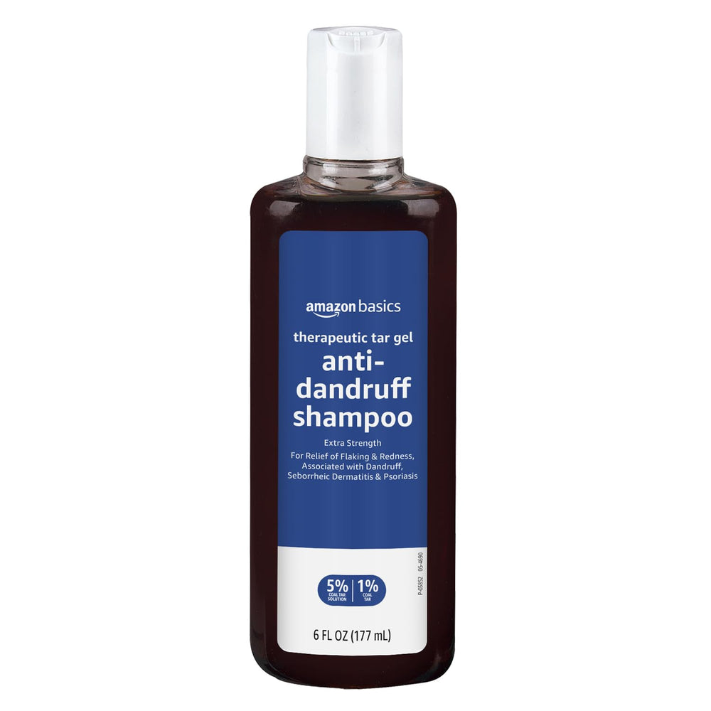 Amazon Basics Therapeutic Plus coal tar shampoo bottle for scalp relief and dandruff control