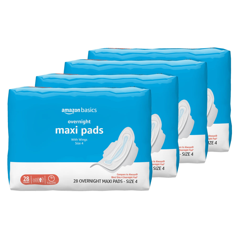 Amazon Basics maxi pad with wings packaging image for discreet overnight protection