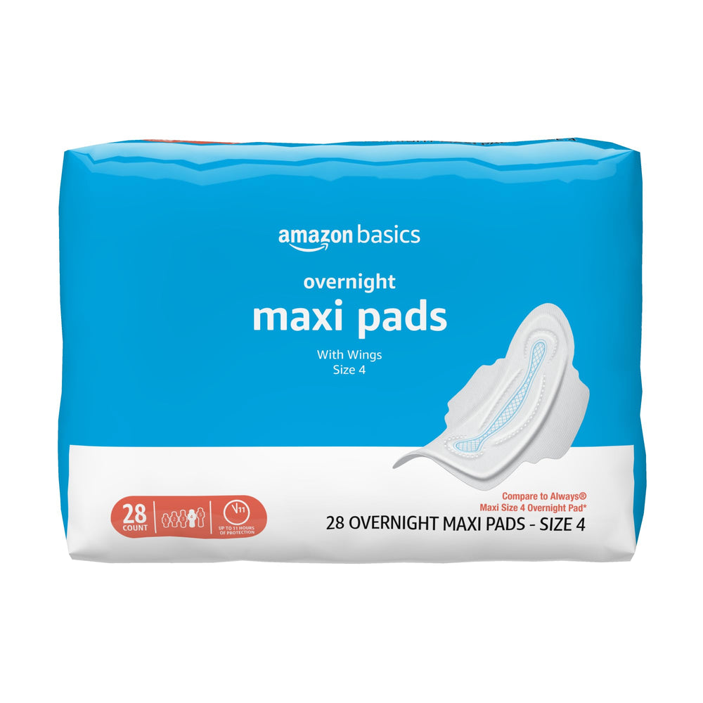 Amazon Basics thick maxi pad with wings in package for secure overnight protection.