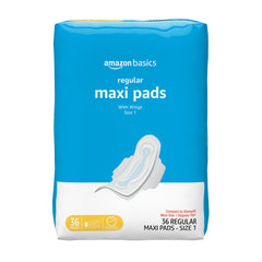 Amazon Basics thick maxi pads with wings in packaging for reliable daily protection
