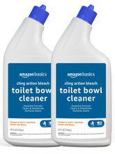 Amazon Basics toilet bowl cleaner with bleach action reaches under the rim for thorough cleaning.