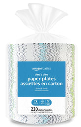 Amazon Basics ultra disposable plates in 880-count packaging for bulk party use.