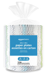 Amazon Basics ultra disposable plates in 880-count packaging for bulk party use.