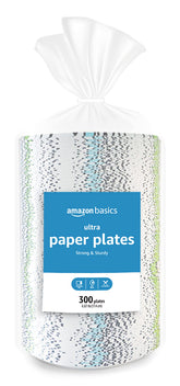 Amazon Basics Ultra Paper Plates, 6.87 inches, sturdy for everyday meals.