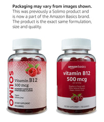Amazon Basics Vitamin B12 Gummies label shows vegan and gluten-free claims.