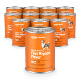 Amazon Basics Wet Dog Food can with filet mignon in gravy shows savory meat for dogs.