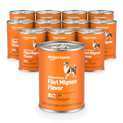 Amazon Basics Wet Dog Food can with filet mignon in gravy shows savory meat for dogs.