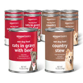 Amazon Basics wet dog food variety pack with country-stew beef cuts in gravy for dogs.