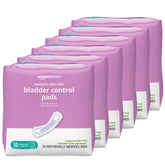 Amazon Basics women's incontinence pads packaging showing six 30-count packs for discreet use
